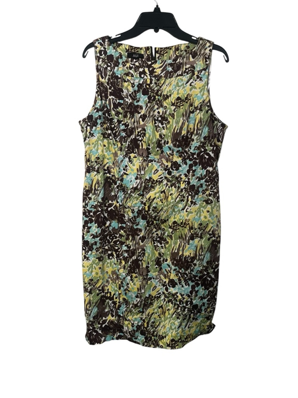 AGB Sleeveless Sheath Dress in Green, Blue and Brown Abstract Print